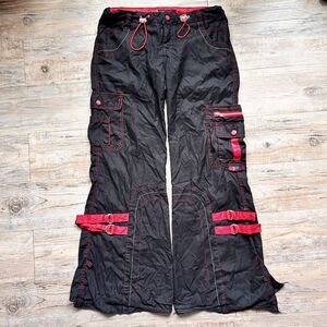 Vintage Kik Girl Raver Pants Size 7 Black Red Cyber Y2K Wide Leg Goth Techwear